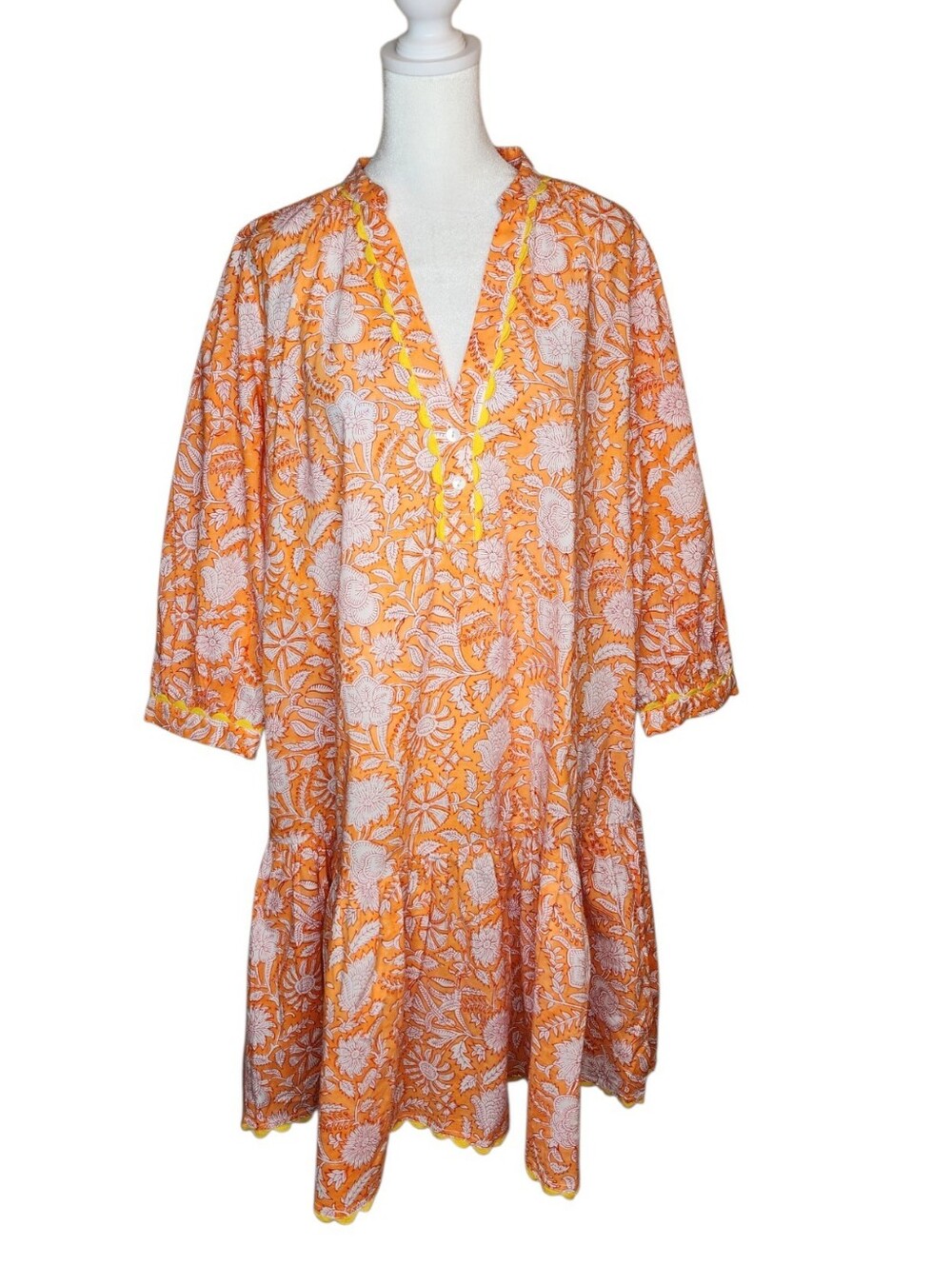 Pink City Prints Orange Floral 3/4 Sleeve Cotton Dress Drop Waist Ric Rac Trim M
